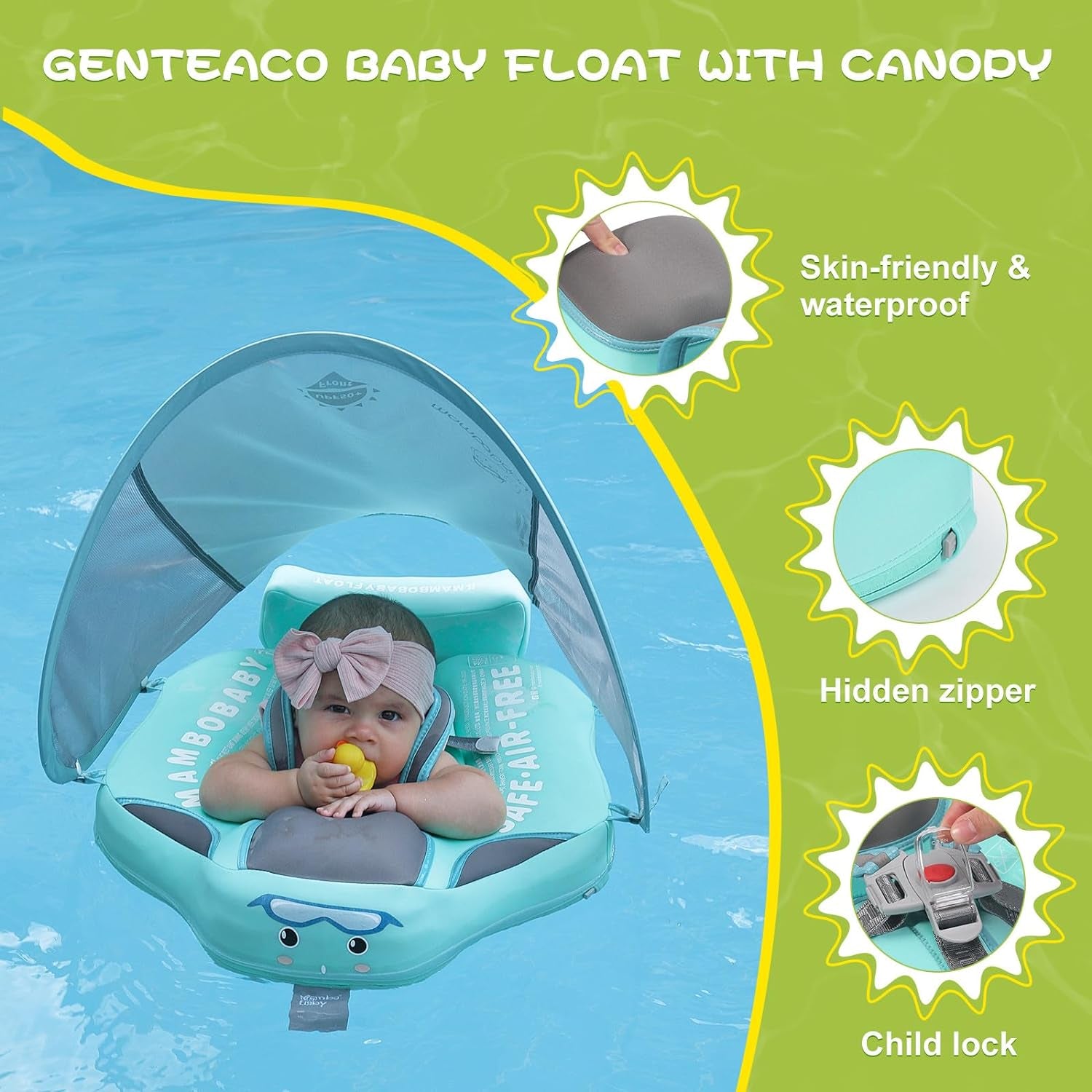 Baby Floats for Pool with Canopy Removable UPF 50+ UV Sun Protection Canopy Mambobaby Float Non Inflatable Upgrade Add Tail Avoid Flip Waterproof Skin-Friendly Infant Swim Float 3-24 Months