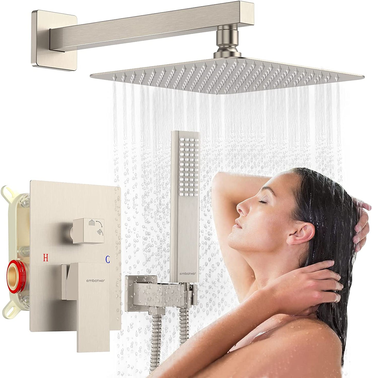 Rain Shower System Sets Faucet:  10 Inch Overhead Rainhead Shower Combo Set with Handheld and Valve-Luxury Modern Mixer Rainfall Brushed Nickel Shower Faucets Sets Complete