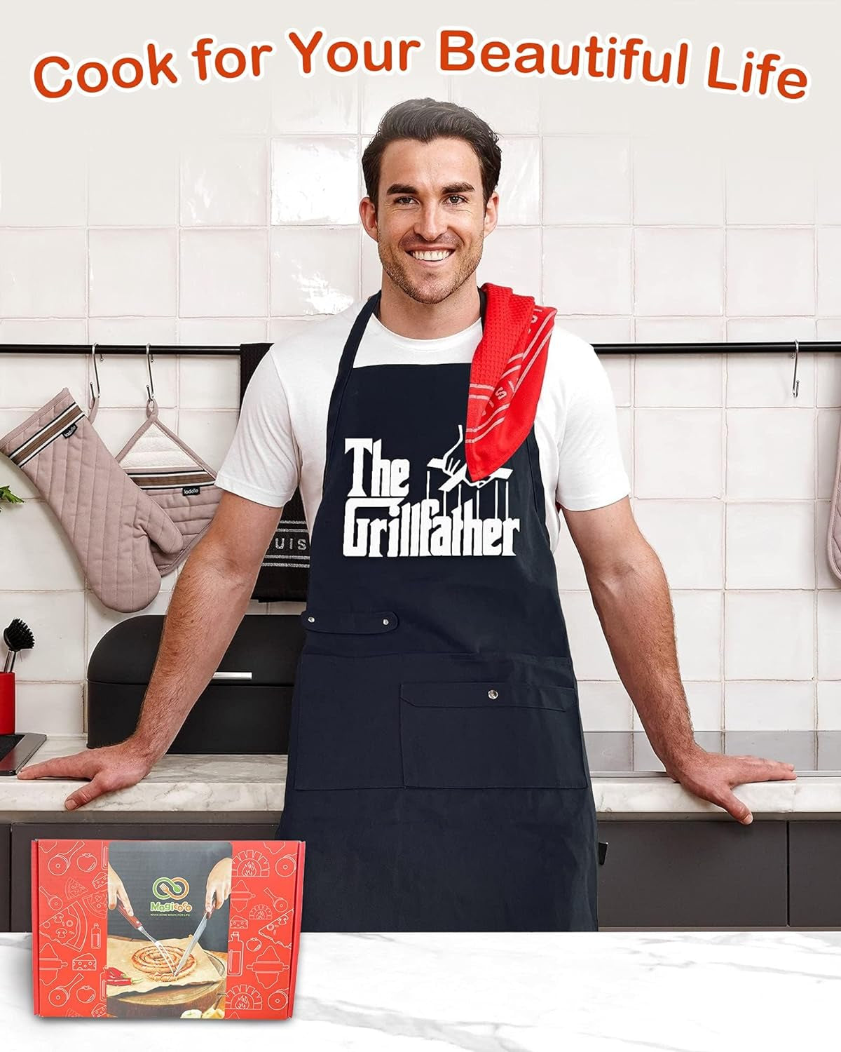 Funny Cooking Chef Apron with Pockets BBQ Kitchen Work Aprons Birthday Dad Creative Gifts