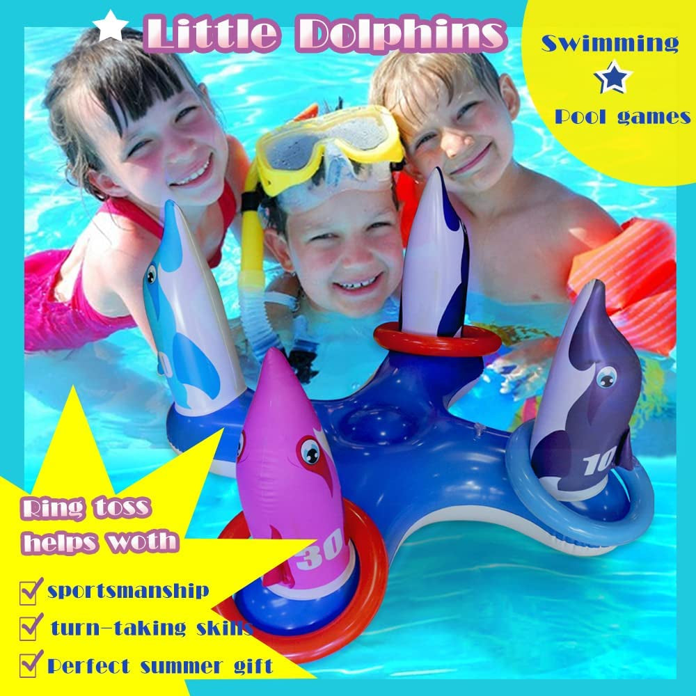 Pool Ring Toss Games Toys Inflatable Dolphin Swimming Pool Toys Floating Toss Game for Kids Adults Family for Pool Party Water Carnival Outdoor Toys