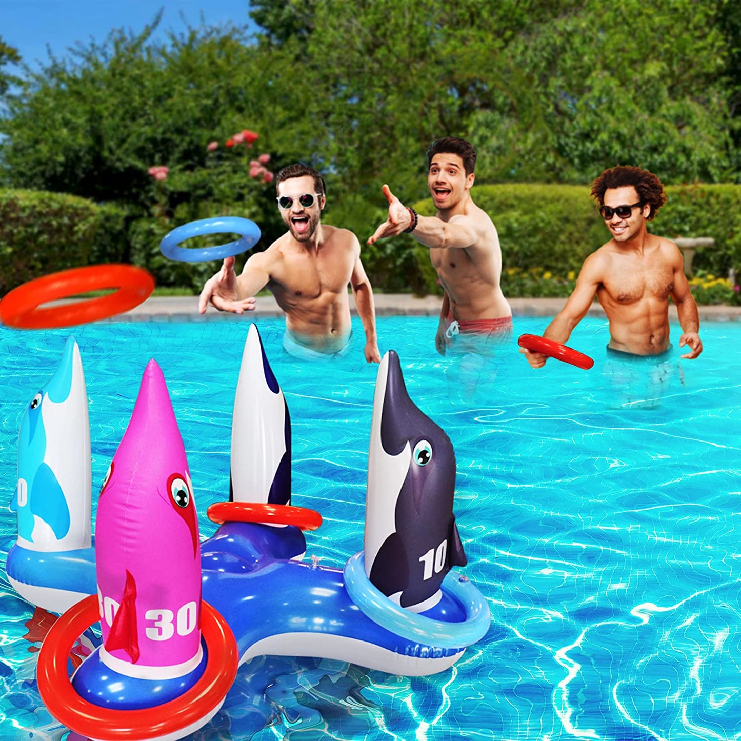 Pool Ring Toss Games Toys Inflatable Dolphin Swimming Pool Toys Floating Toss Game for Kids Adults Family for Pool Party Water Carnival Outdoor Toys