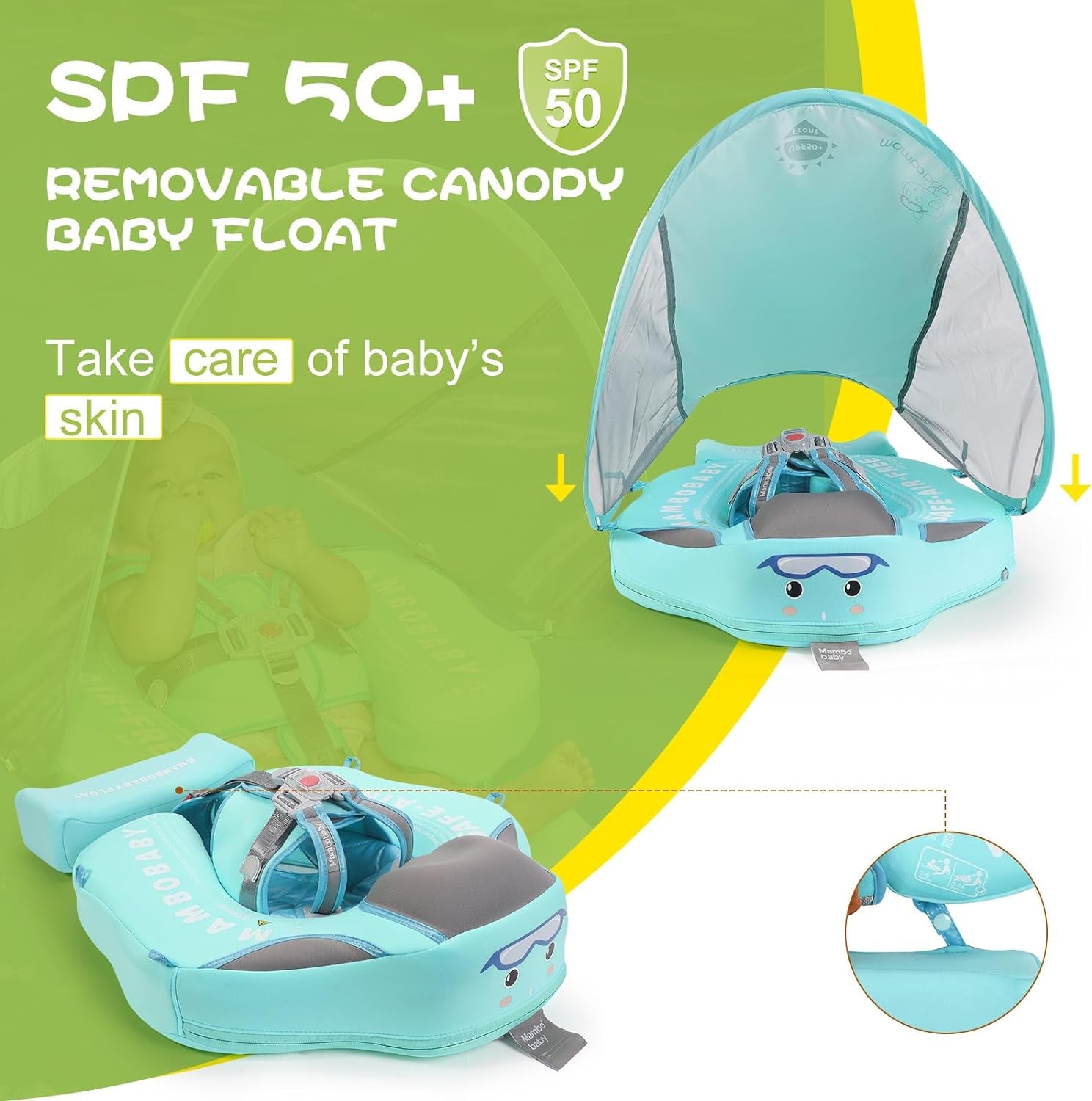 Baby Floats for Pool with Canopy Removable UPF 50+ UV Sun Protection Canopy Mambobaby Float Non Inflatable Upgrade Add Tail Avoid Flip Waterproof Skin-Friendly Infant Swim Float 3-24 Months