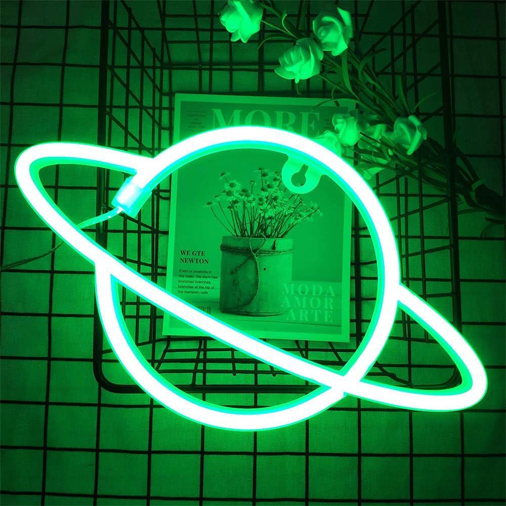 Planet Neon Signs Planet Neon Signs Neon Planet Wall Sign Green Planet Neon Night Lights Wall Hanging Neon Light Neon Space Planet Sign for Home Bedroom Bar Club Christmas Wedding Party (Green)