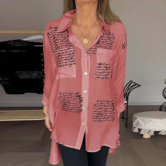 Spring Lapel Single-Breasted Sexy Blouses Women Elegant Letter Printed Swallowtail Shirt Autumn Long Sleeve Loose Irregular Tops