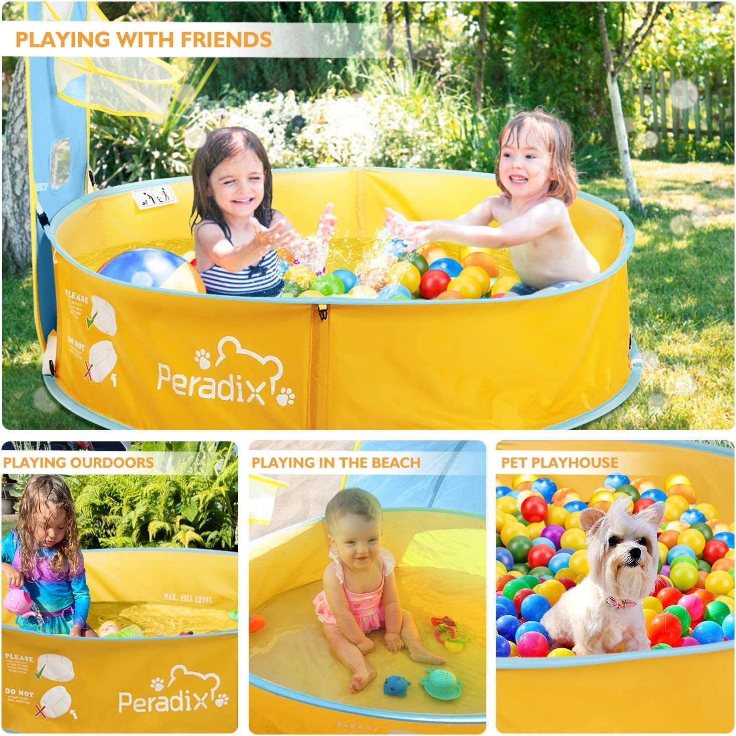 Paddling Pool for Kids & Pets, Kids Ball Pit Tent 3 in 1, Pop up Wading Pool Tent with UV Protection Sunshade Canopy Basketball Hoop, Portable Beach Backyard Toys for Indoor Outdoor Activity