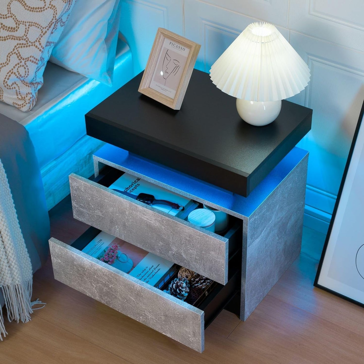 Bedside Table with 2 Drawers, LED Nightstand Wooden Cabinet Unit with LED Lights for Bedroom, End Table Side Table for Bedroom Living Room, Grey